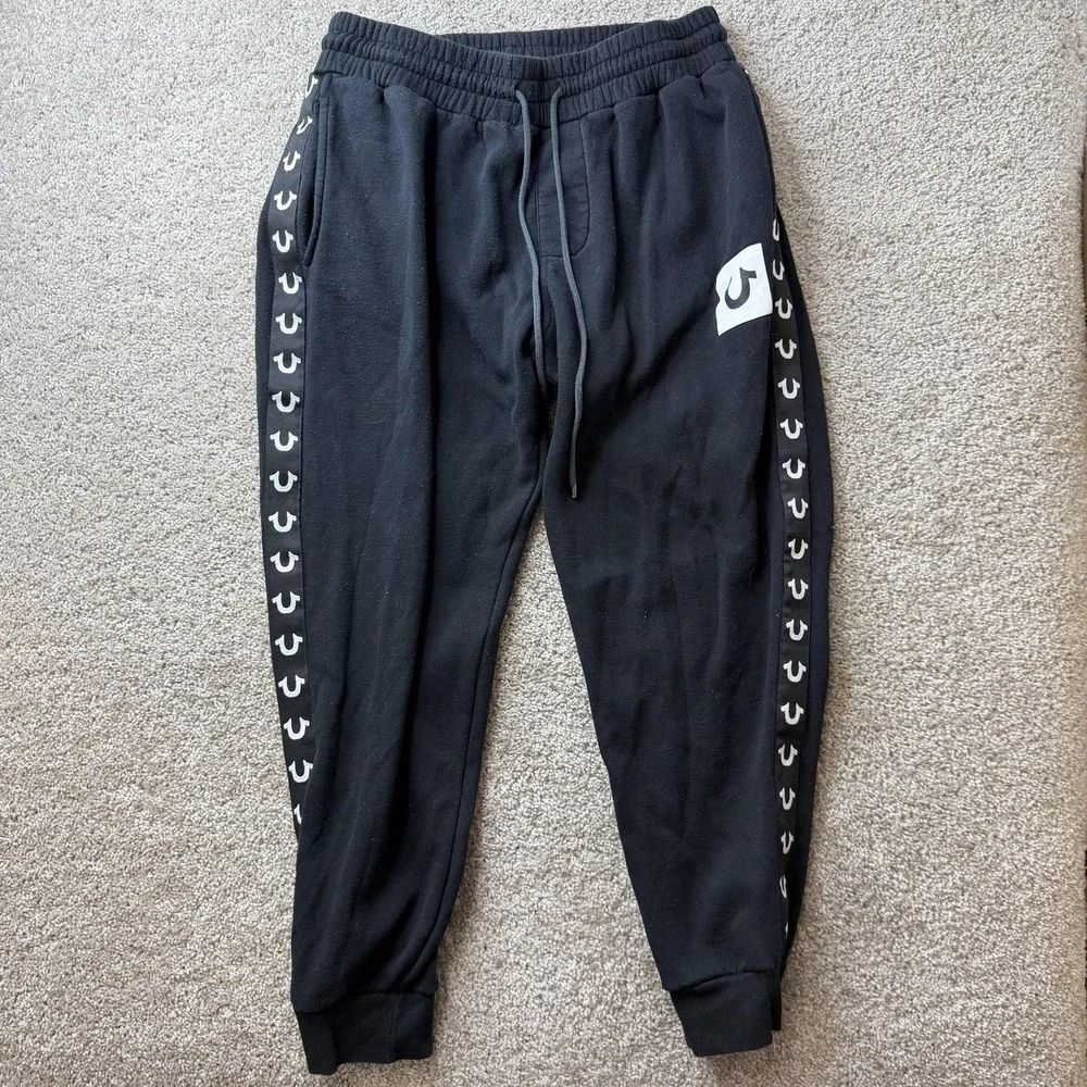 True Religion Jogger Pants Mens Med Black Fleece Elastic Waist Side Logo Stripe